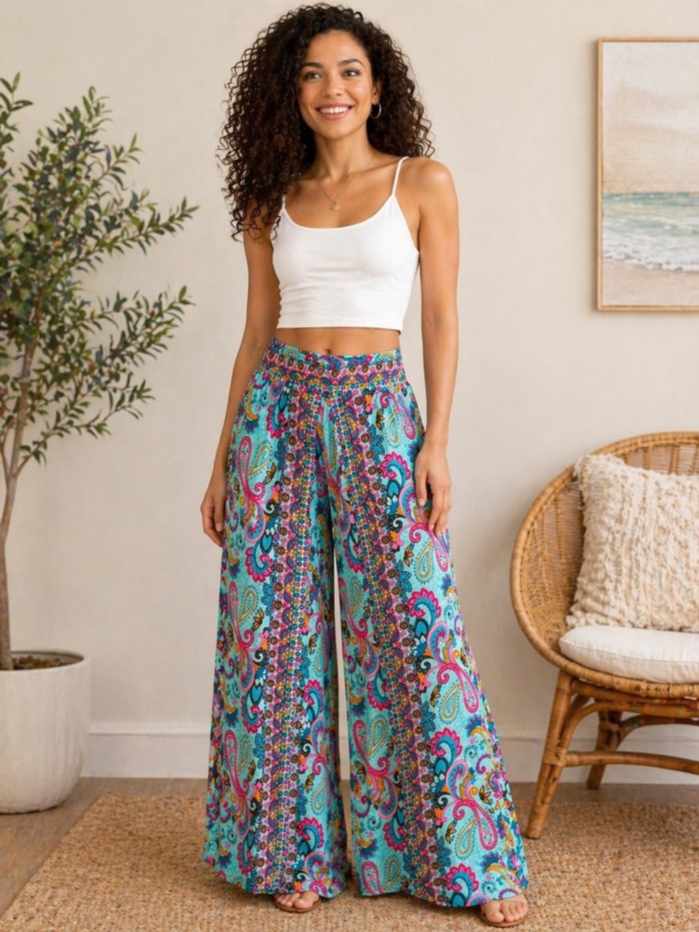 Boho Paisley Wide Leg Pants | Stretch Waist | Flowy Palazzo | One Size